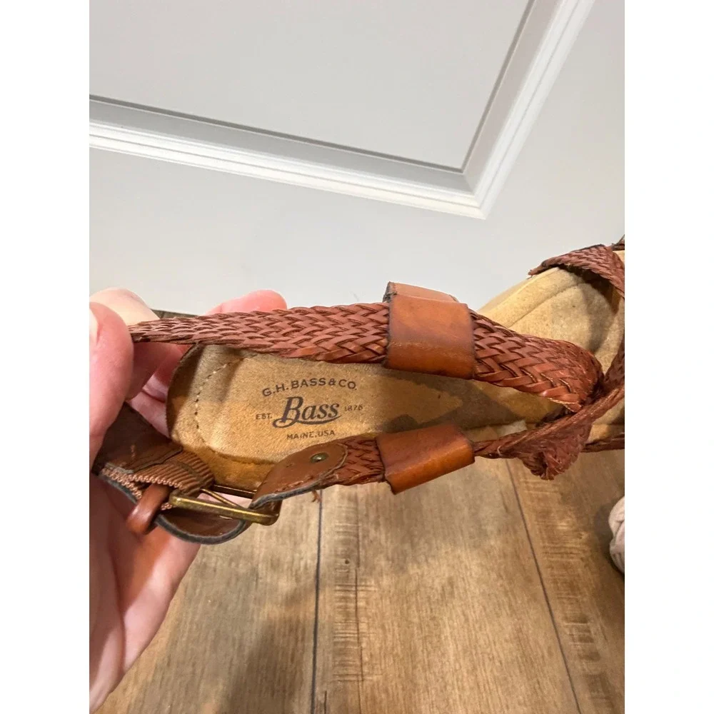 GH Bass Sadie Woven Leather Wood Platform Sandals Brown boho strap's braided